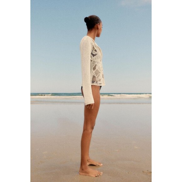 ZARA Ecru Ivory Contrast Cotton Blend Lace Knit Cardigan Sweater, Size XL - Picture 15 of 16